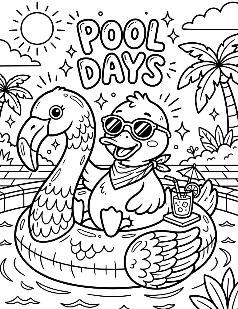 Cute duck wearing sunglasses sitting in a giant pool float with Pool Days text summer coloring illustration