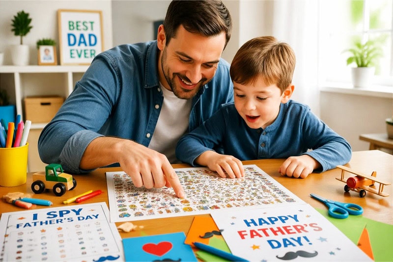 A father and child playing a colorful I Spy game together at a wooden table in a bright living room.