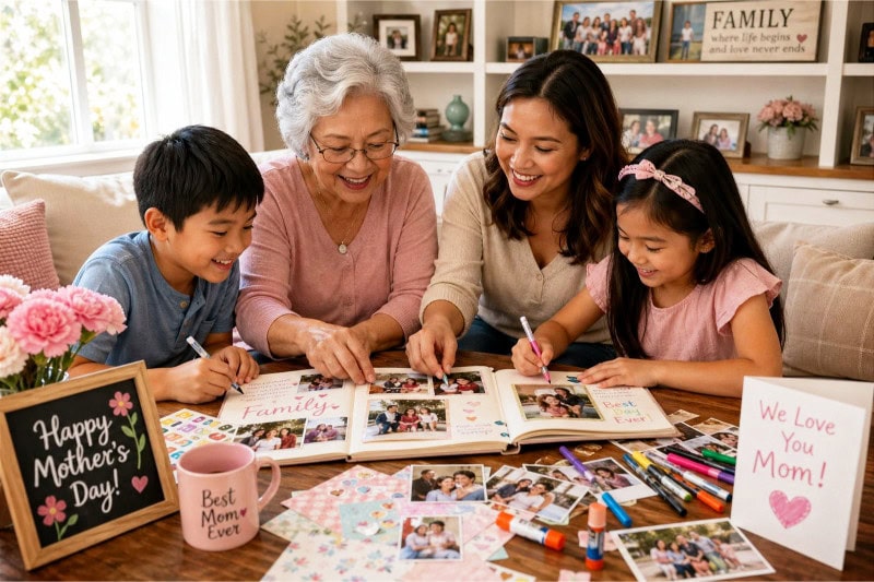 A family of different generations gathered around a table making a photo album together with photos and craft supplies.
