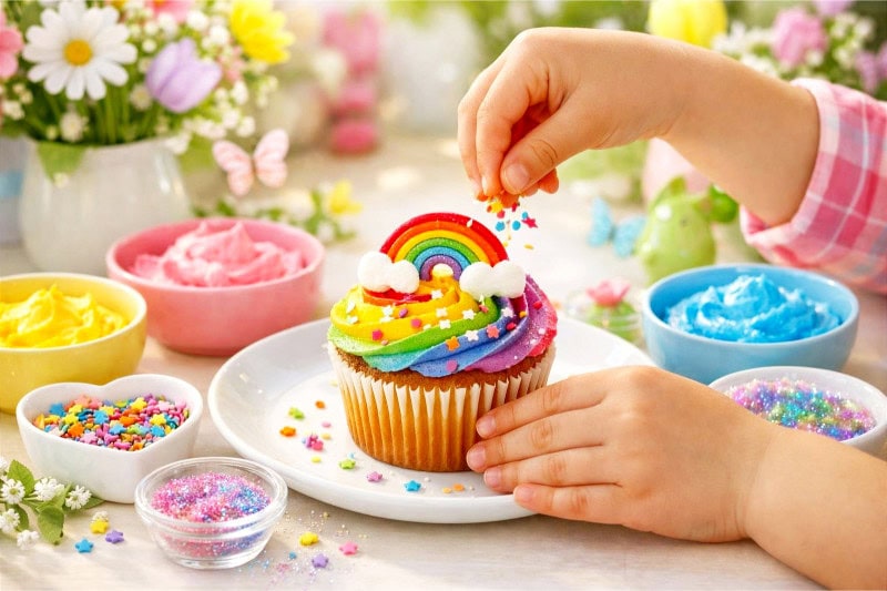 Child decorating a rainbow-themed cupcake with colorful frosting and sprinkles on a bright spring party table.