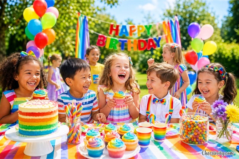 Children enjoying a colorful outdoor birthday party with rainbow-themed treats and decorations on a sunny day.