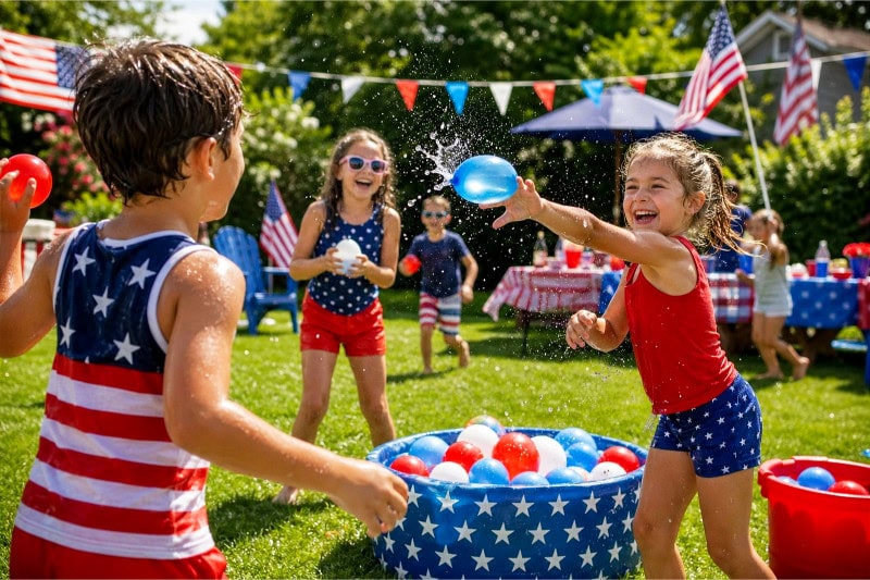 Children playing a water balloon toss game outdoors with red, white, and blue decorations on a sunny day.