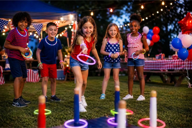 Children playing a ring toss game with glowing necklaces outdoors during a 4th of July party.