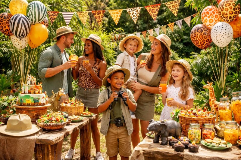 People dressed in safari outfits enjoying an outdoor summer party with tropical plants and animal-themed decorations.