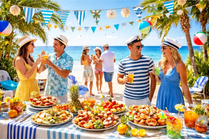 People enjoying a lively outdoor sea-themed party near the ocean with nautical decorations and summer food.