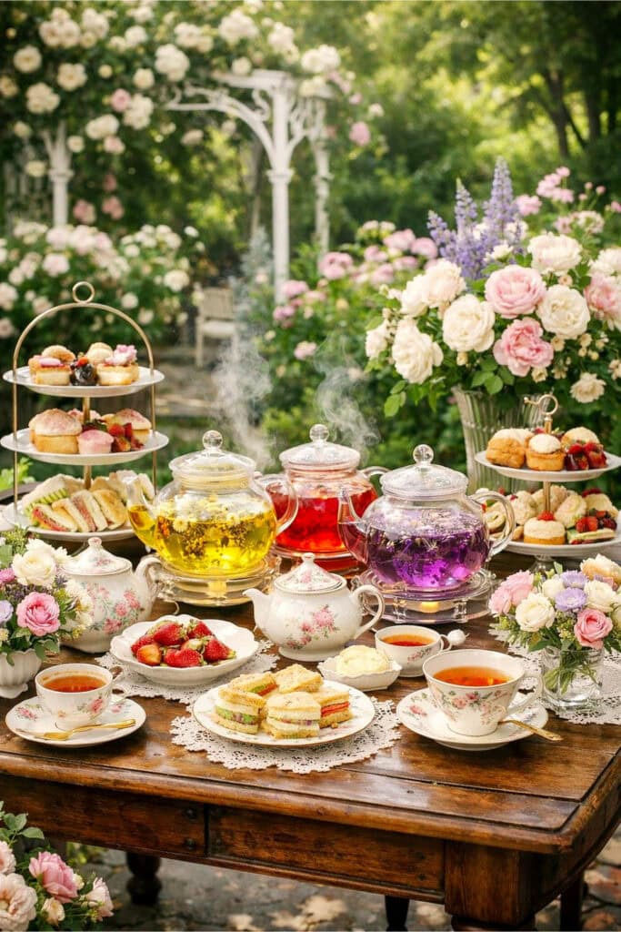 An outdoor garden table set with teacups, teapots, and trays of finger sandwiches and pastries surrounded by flowers.