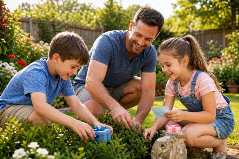 A father and two children hiding clues and small gifts in a backyard garden for a Father's Day scavenger hunt.