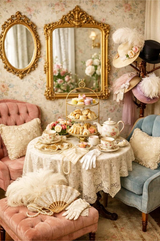 A tea party photo corner decorated with vintage tableware, pastries, and Bridgerton-style accessories including hats and feathered fans.