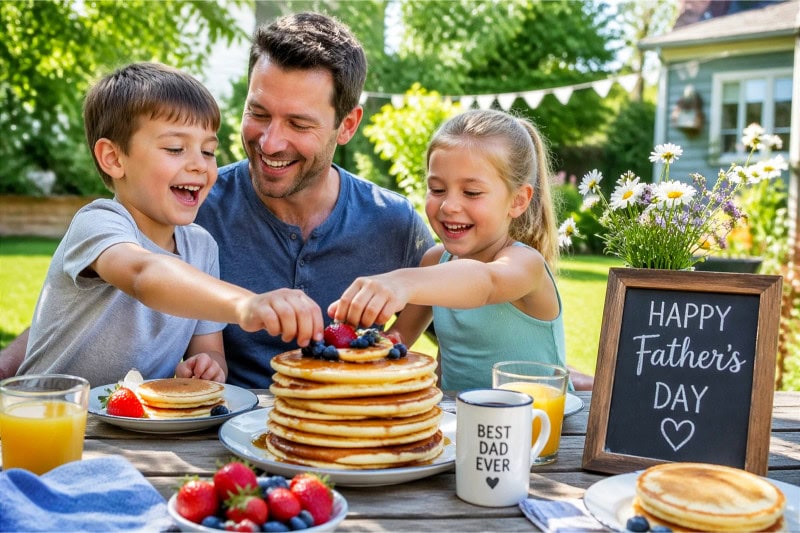 A father and his children enjoying a pancake breakfast together on a picnic blanket in a sunny backyard.