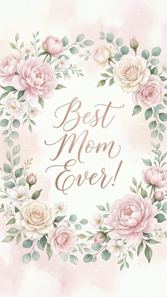 iphone wallpaper, soft pastel background with peonies and roses, light pink and cream tones, dreamy lighting, elegant composition, centered typography ‘Best Mom Ever!’ in a delicate script font