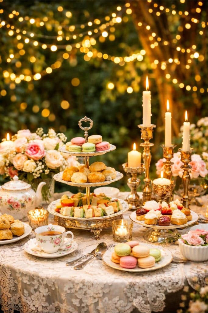 An elegant outdoor tea party table set with porcelain teacups, tiered trays of pastries, antique candles, and fairy lights in a garden.