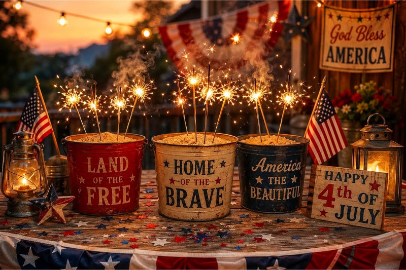 Tin buckets filled with sand holding lit sparklers arranged on a wooden table with American patriotic decorations. 4th of July aesthetic