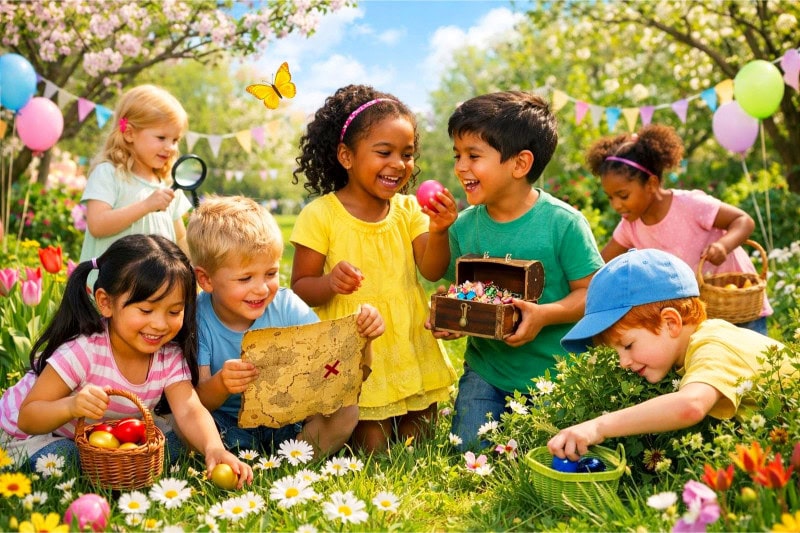 Children enjoying a springtime treasure hunt outdoors among flowers and greenery.