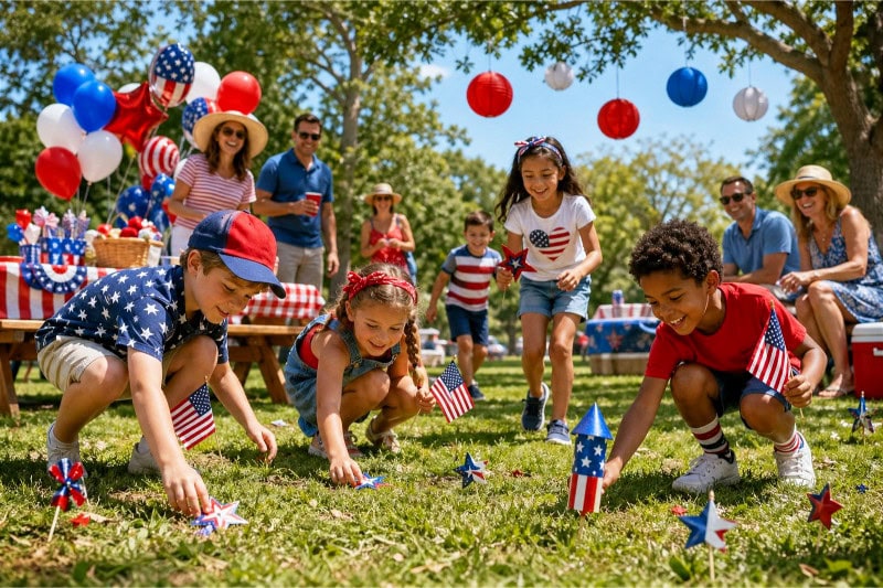 Children searching for hidden patriotic items in a park during a 4th of July scavenger hunt with festive decorations and adults watching nearby.