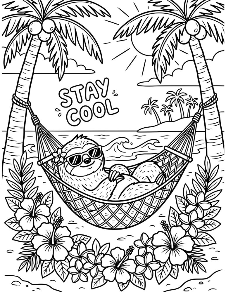 Cute sloth relaxing in hammock between palm trees with Stay Cool text coloring illustration