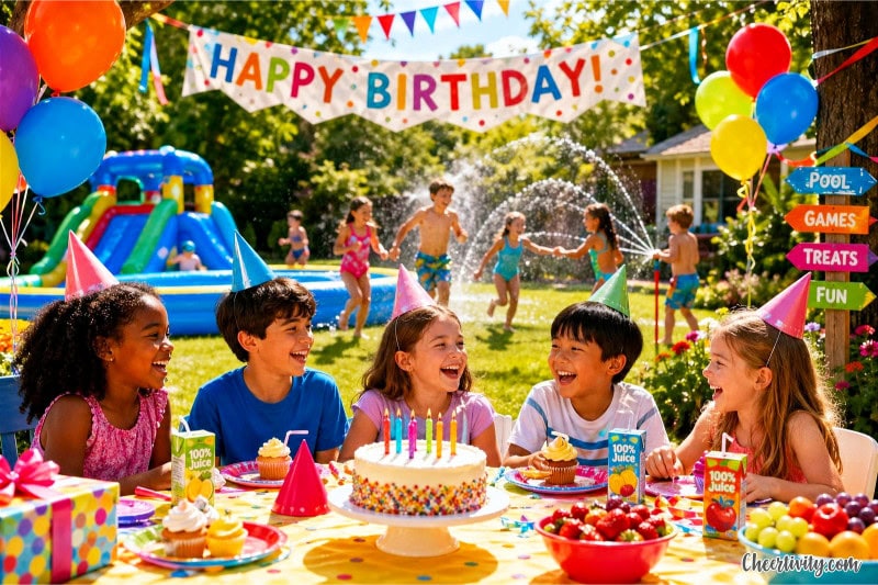 Children playing and celebrating at a colorful outdoor summer birthday party with decorations, food, and water activities.