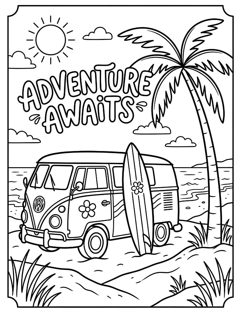 Retro camper van parked near the beach with surfboard and sunshine coloring page