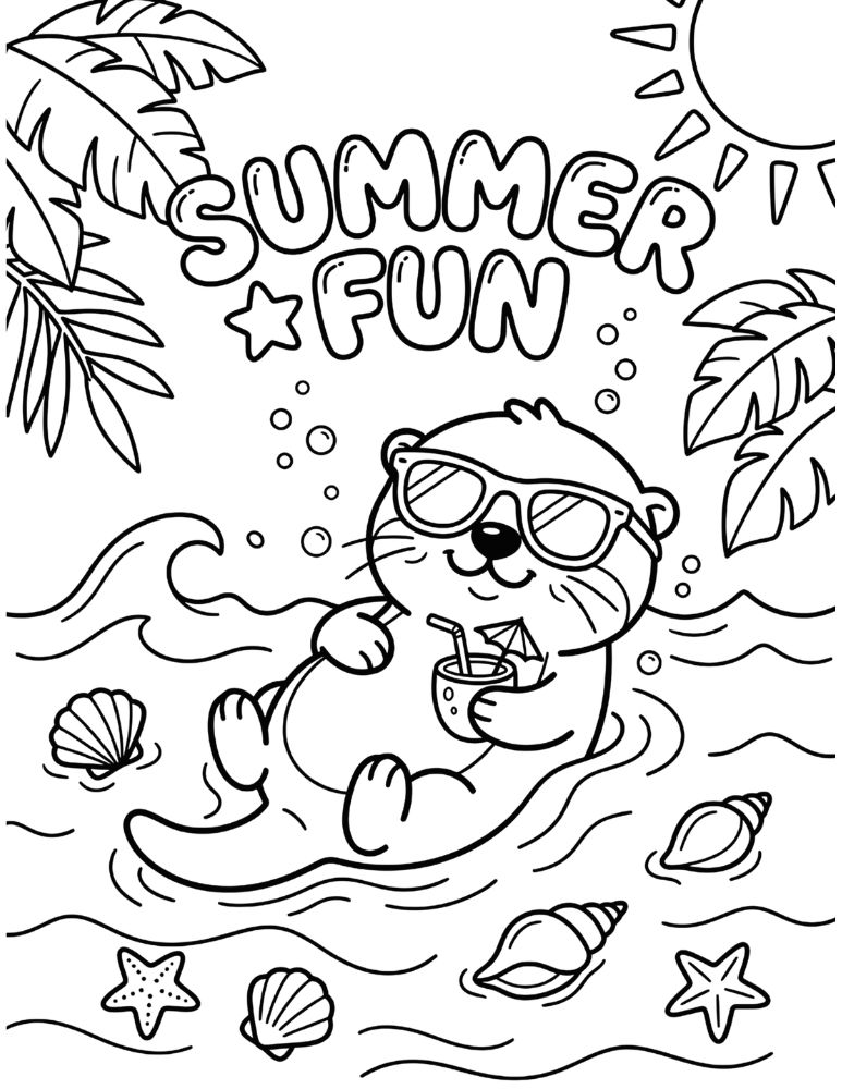 Cute baby otter wearing sunglasses floating in the ocean with a tropical drink