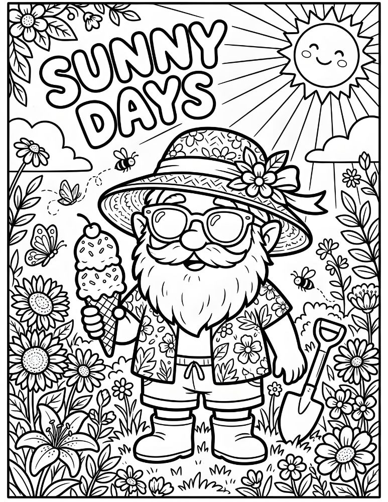Cute summer gnome wearing sunglasses and straw hat holding an ice cream cone coloring page