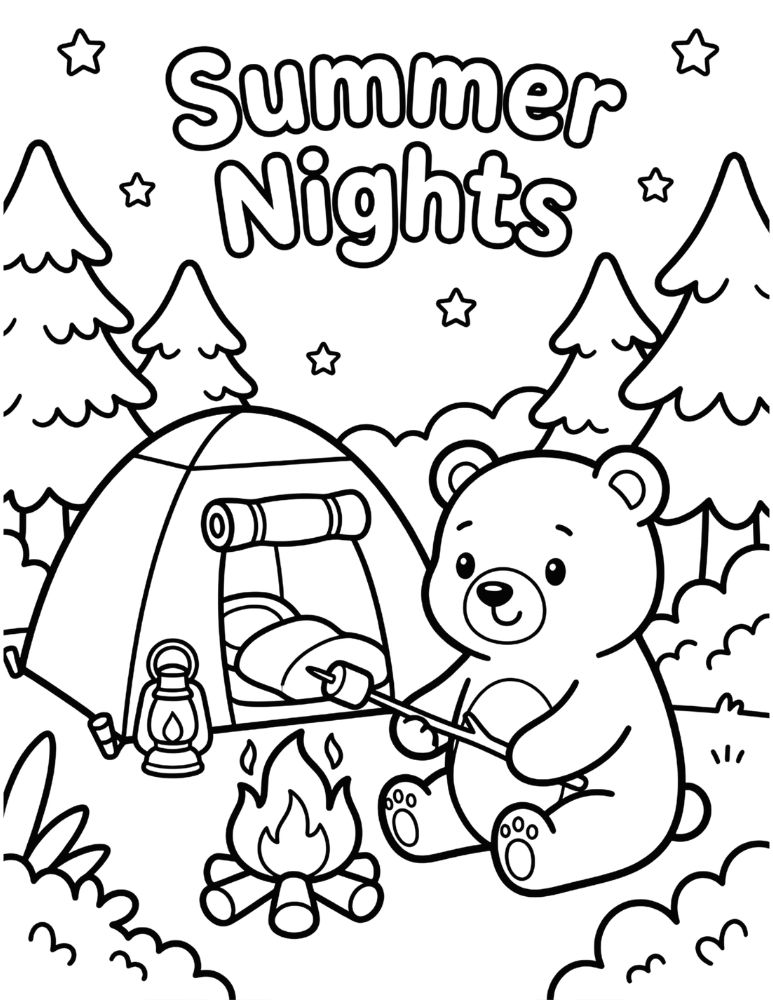 Cute bear roasting marshmallows beside a camping tent and campfire under the stars