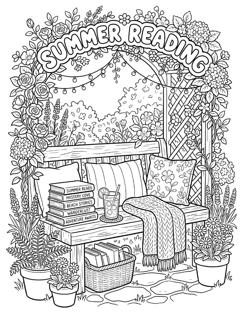 Cozy outdoor summer reading nook with books pillows and fairy lights coloring illustration
