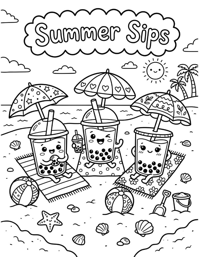 Three kawaii boba tea cups relaxing on beach towels with Summer Sips text coloring illustration