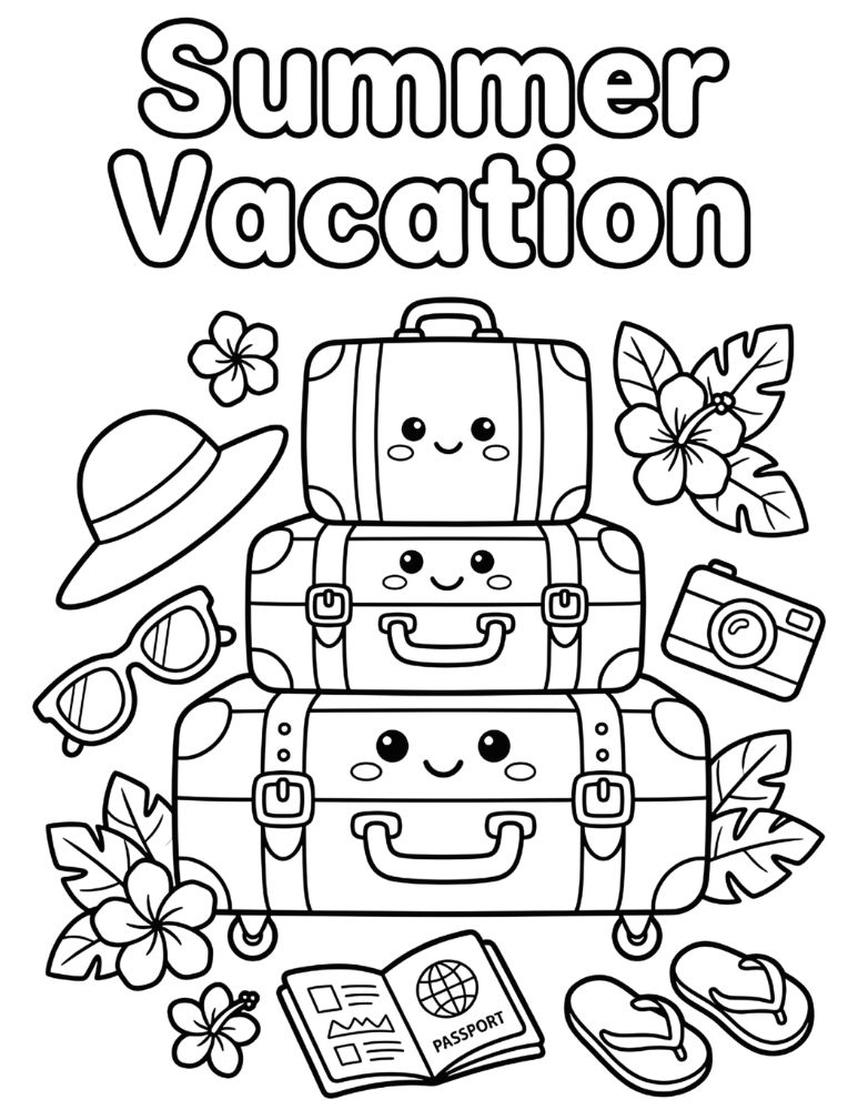 Cute stack of travel suitcases with sunglasses, beach hat, camera, flip-flops, and tropical flowers