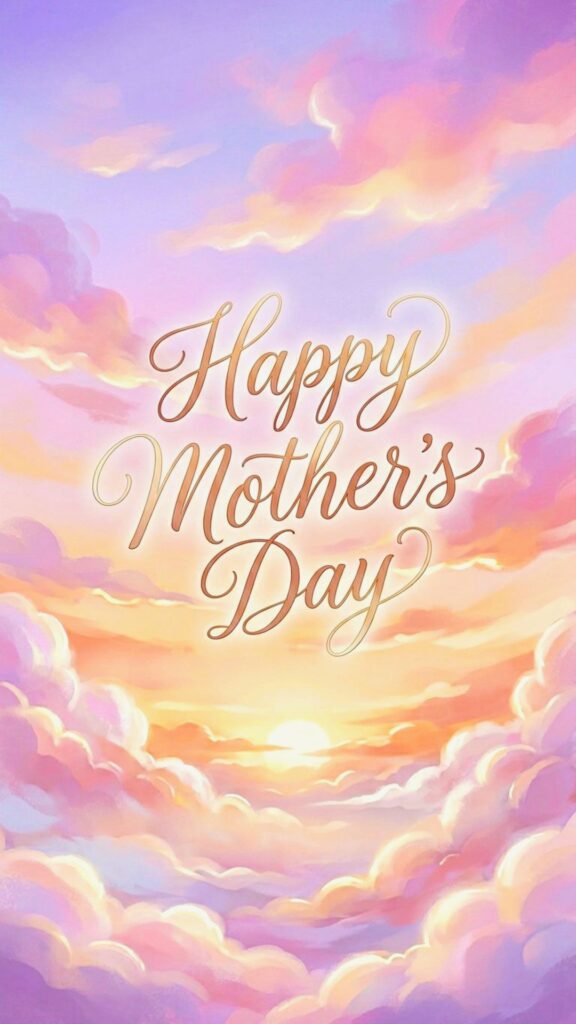 dreamy sunset sky background, pastel clouds in pink, orange, and lavender, soft glow, peaceful atmosphere, centered text ‘Happy Mother’s Day’ in flowing script font