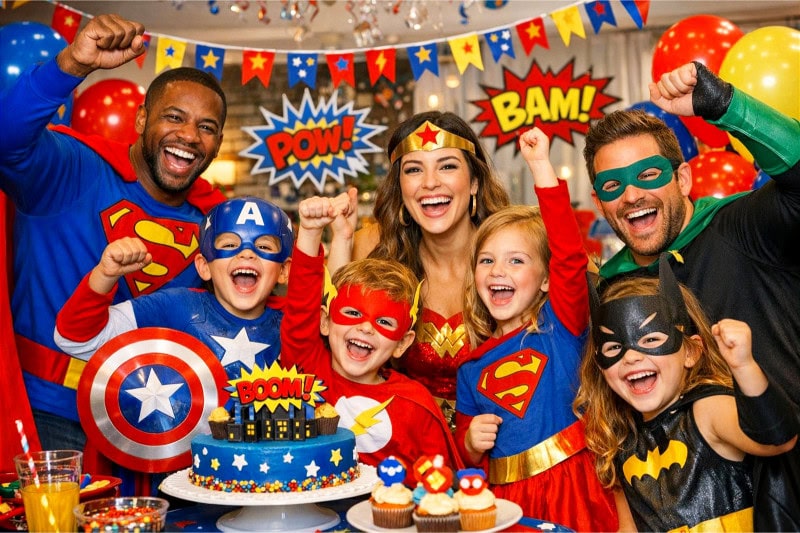 A cheerful, family-friendly indoor party with adults and children dressed as colorful comic-style superheroes, smiling and celebrating together, surrounded by balloons, streamers, and bright decorations, in a fun and wholesome atmosphere.