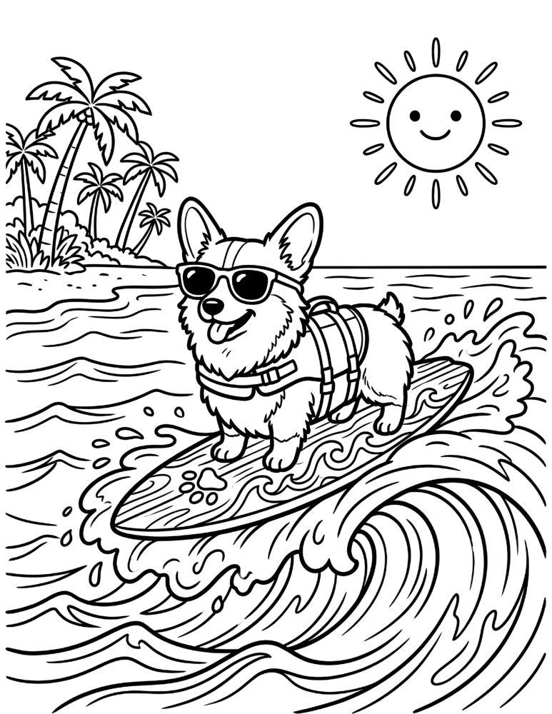 Cute corgi surfing on ocean waves with sunglasses summer coloring illustration