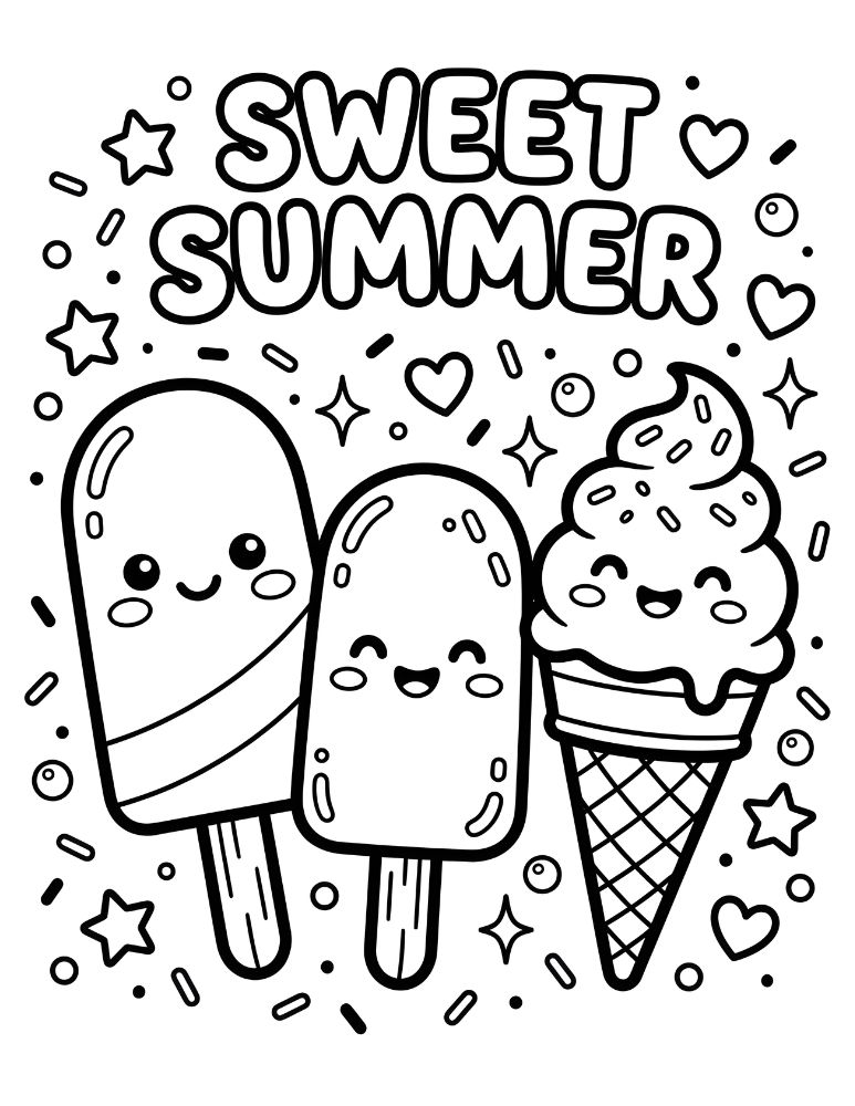 Two kawaii popsicles and one smiling ice cream cone with Sweet Summer text coloring page