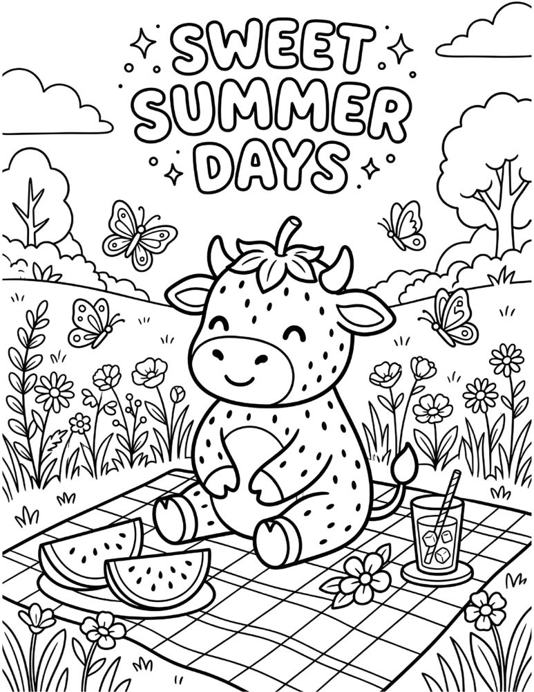 Cute strawberry cow sitting on picnic blanket with watermelon and lemonade coloring illustration
