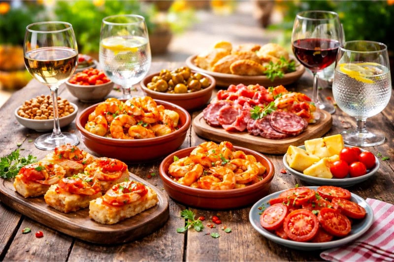 A table set with various Spanish tapas dishes, wine glasses, and festive decorations suggesting a summer party.