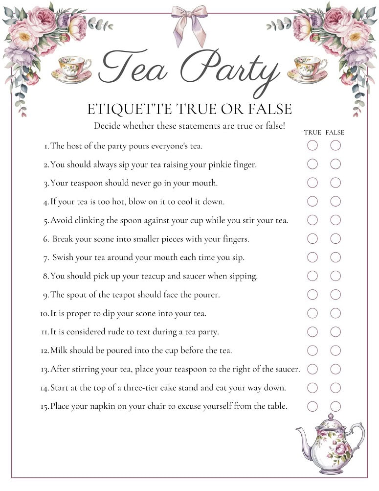 Tea Party Etiquette True Or False Questions