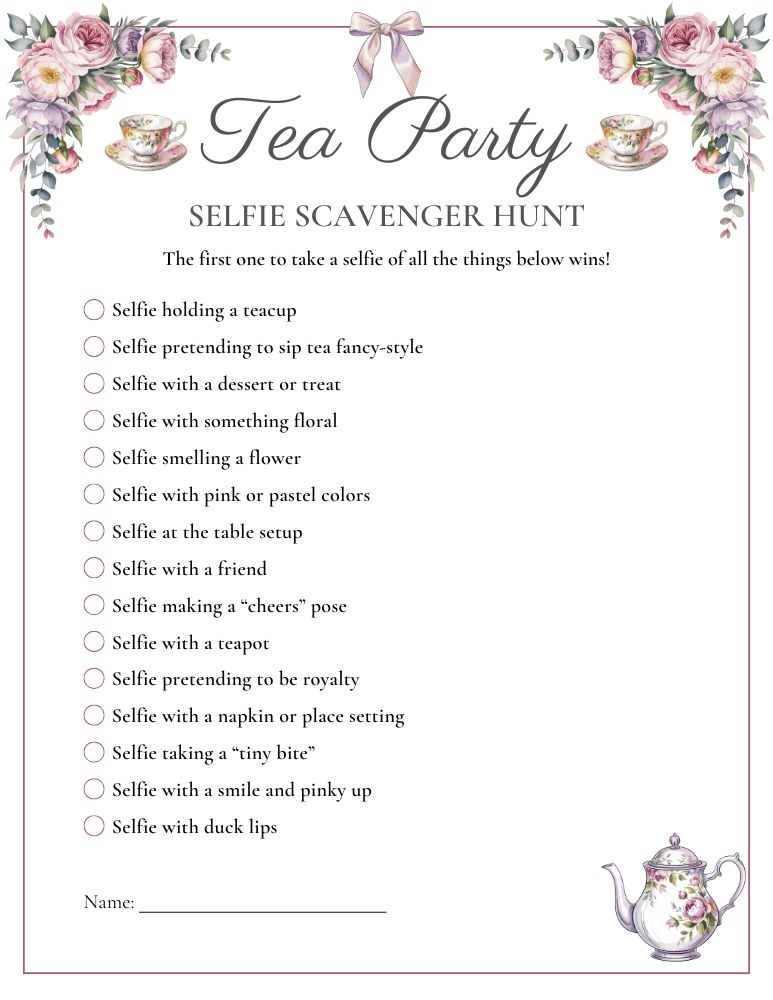 Tea Party Selfie Scavenger Hunt Printable