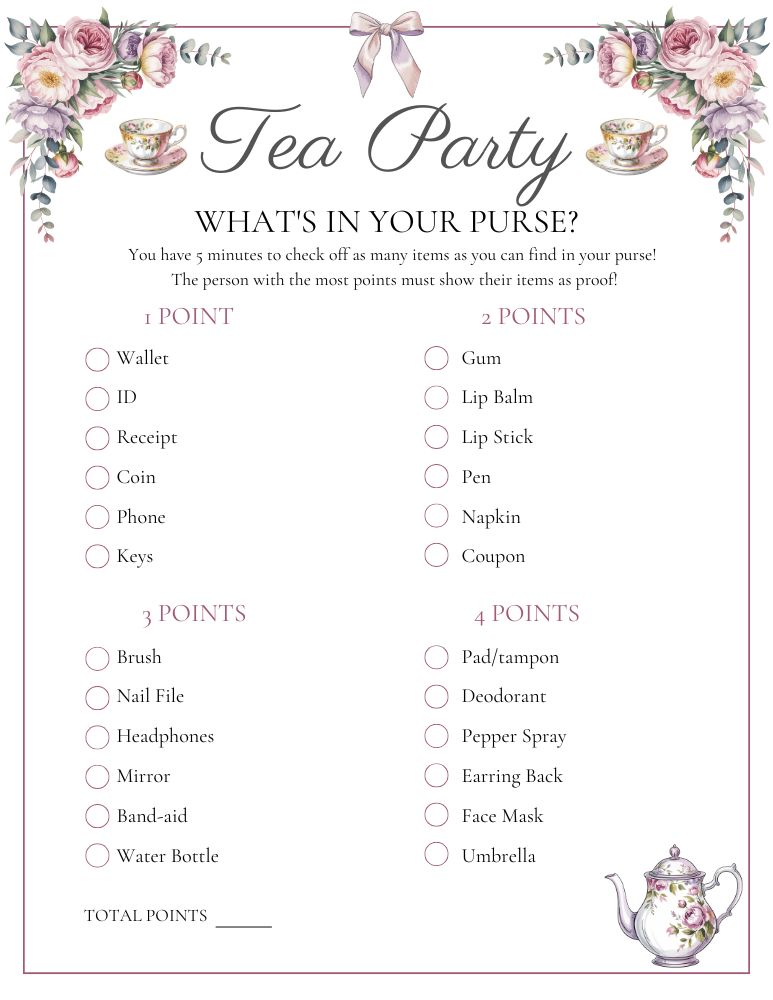 Tea Party What's In Your Purse Game