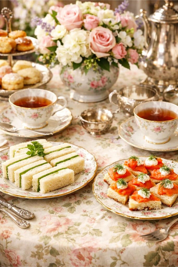 A table set with cucumber and smoked salmon tea sandwiches, fine china, and floral decorations for a tea party.