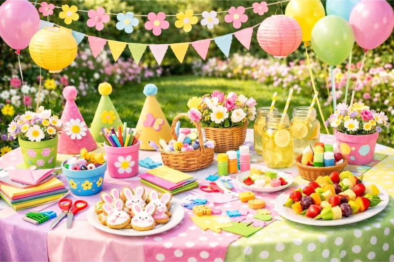 A colorful outdoor spring party setup with decorations, craft supplies, and treats arranged on a table in a garden.