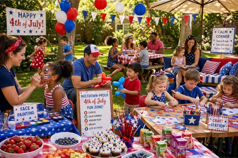 Children playing and enjoying a well-organized 4th of July party outdoors with decorations, snacks, and adults nearby.