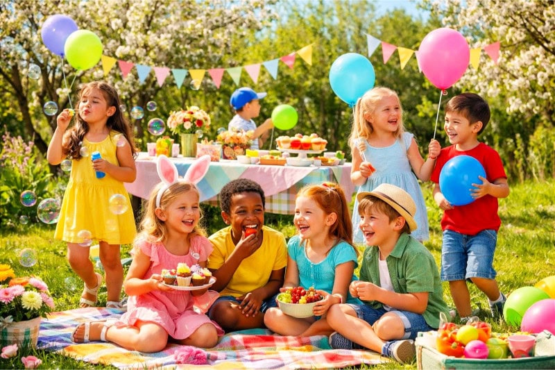 Children playing and enjoying a spring party outdoors with balloons, bubbles, and a picnic in a garden.