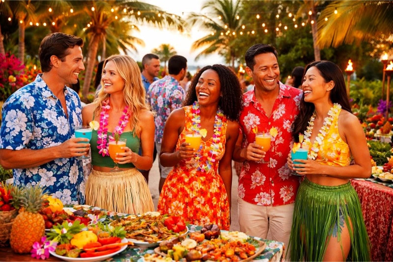 People enjoying a tropical outdoor luau party with palm trees, colorful decorations, and food in a warm sunset setting.