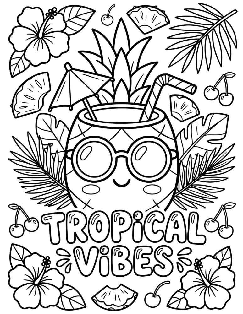 Cute pineapple-shaped tropical drink wearing sunglasses with umbrella, flowers, and tropical fruit