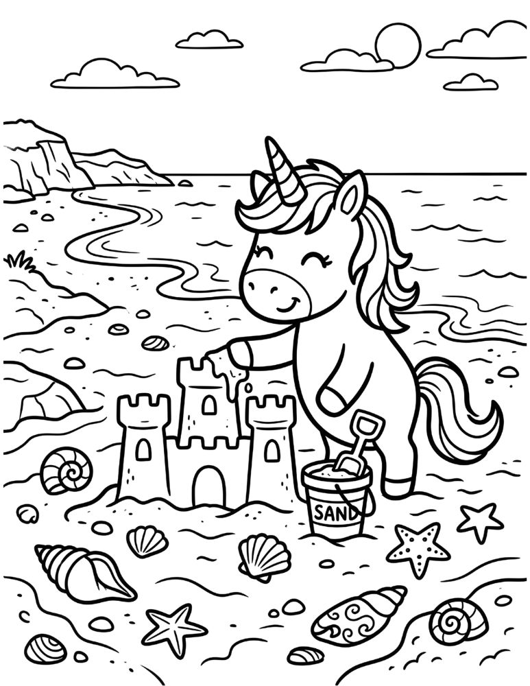 Cute unicorn building a sandcastle at the beach summer coloring illustration