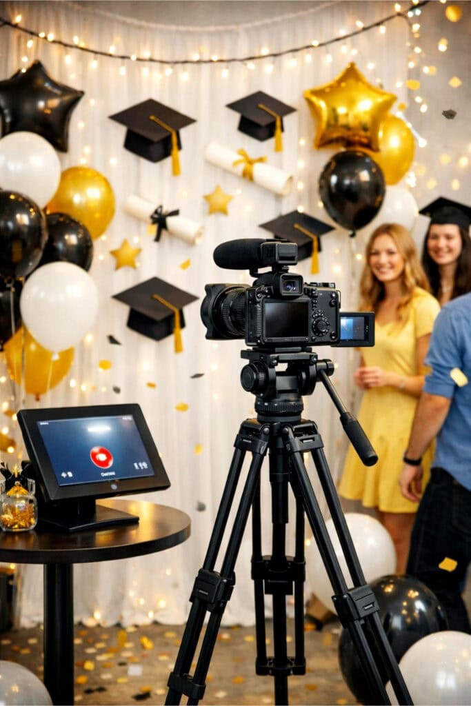 A video recording station set up at a graduation party with a camera on a tripod, a monitor on a table, and festive graduation decorations.