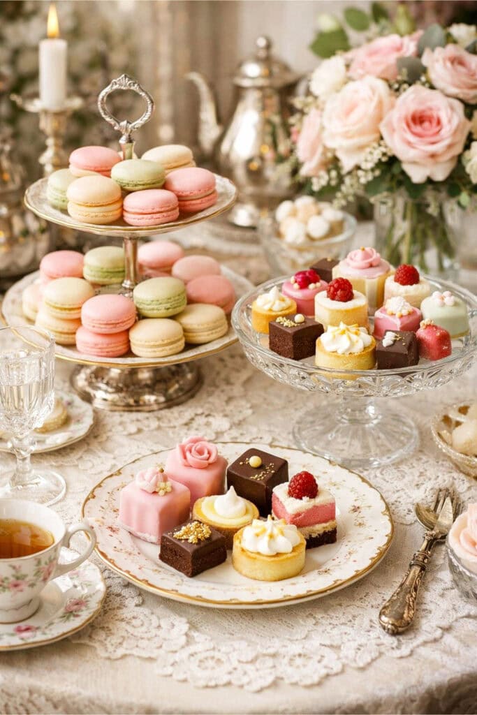 A table set with pastel macarons and petits fours on tiered stands, surrounded by teacups and floral decorations.