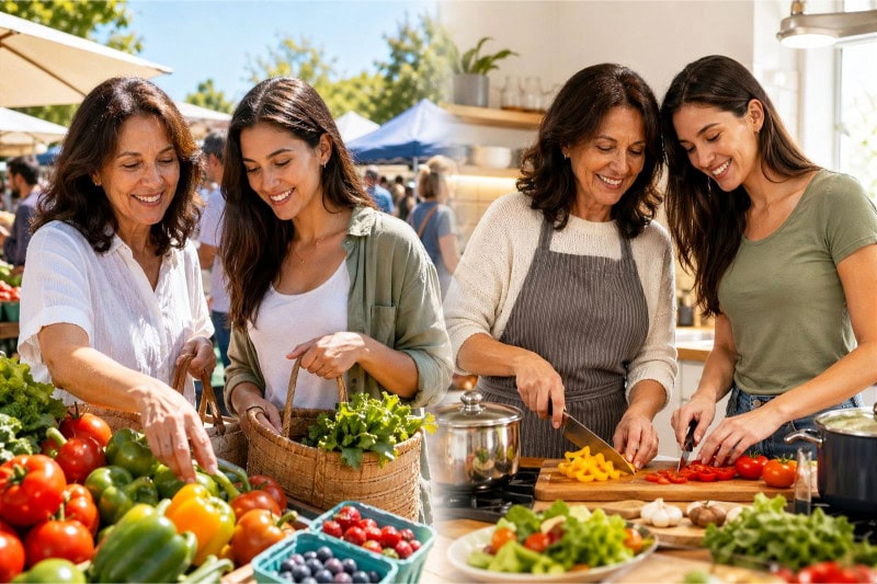 A mother and adult child selecting fresh vegetables at a farmers market and cooking together in a bright kitchen.