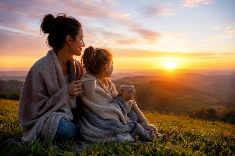 A mother and child wrapped in blankets sitting outdoors on a grassy hill, holding mugs and watching the sunrise together.
