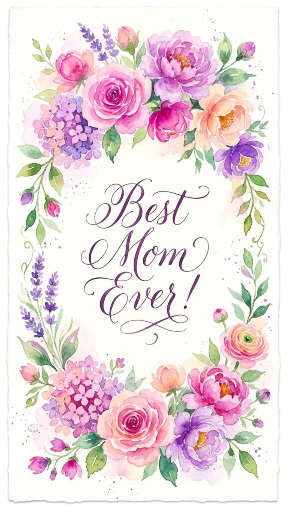 watercolor floral background, vibrant flowers in pink, purple, and peach, artistic brush strokes, soft blending, centered text ‘Best Mom Ever!’ in elegant calligraphy, bright and cheerful