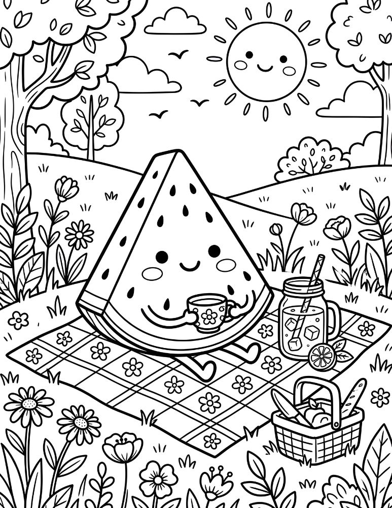 Smiling watermelon slice on a picnic blanket with lemonade and sunshine coloring page