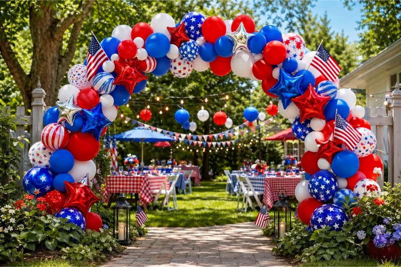 A colorful balloon arch in red, white, and blue at the entrance of a backyard decorated for a Fourth of July party.
